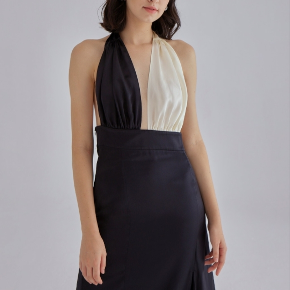 Silk Maison Piano Halter Maxi 100% Mulberry Silk Slip Dress Black/White NWT - Picture 3 of 11